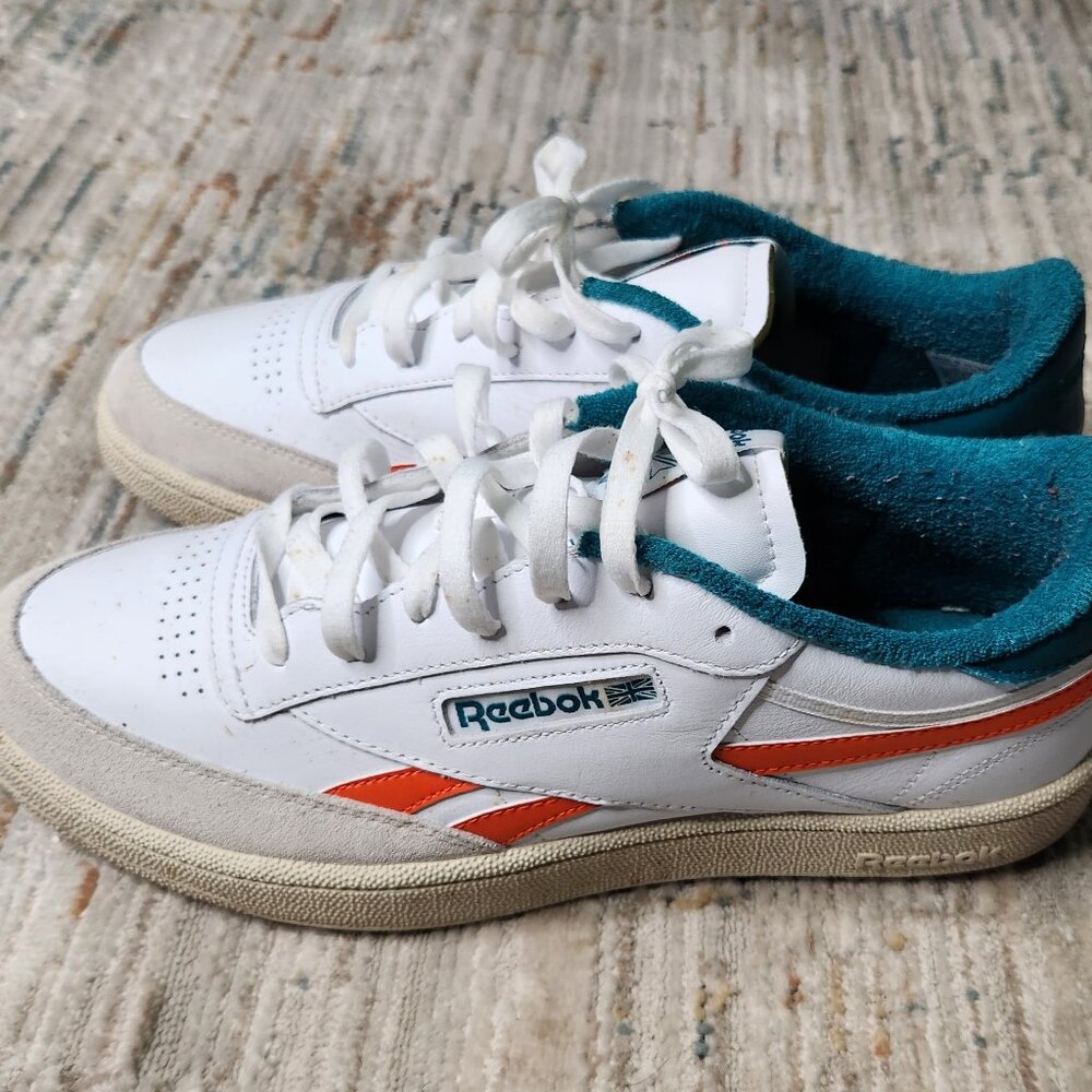 Reebok Classic Men's Sneakers, White, Orange, and Aqua Green, Size 12